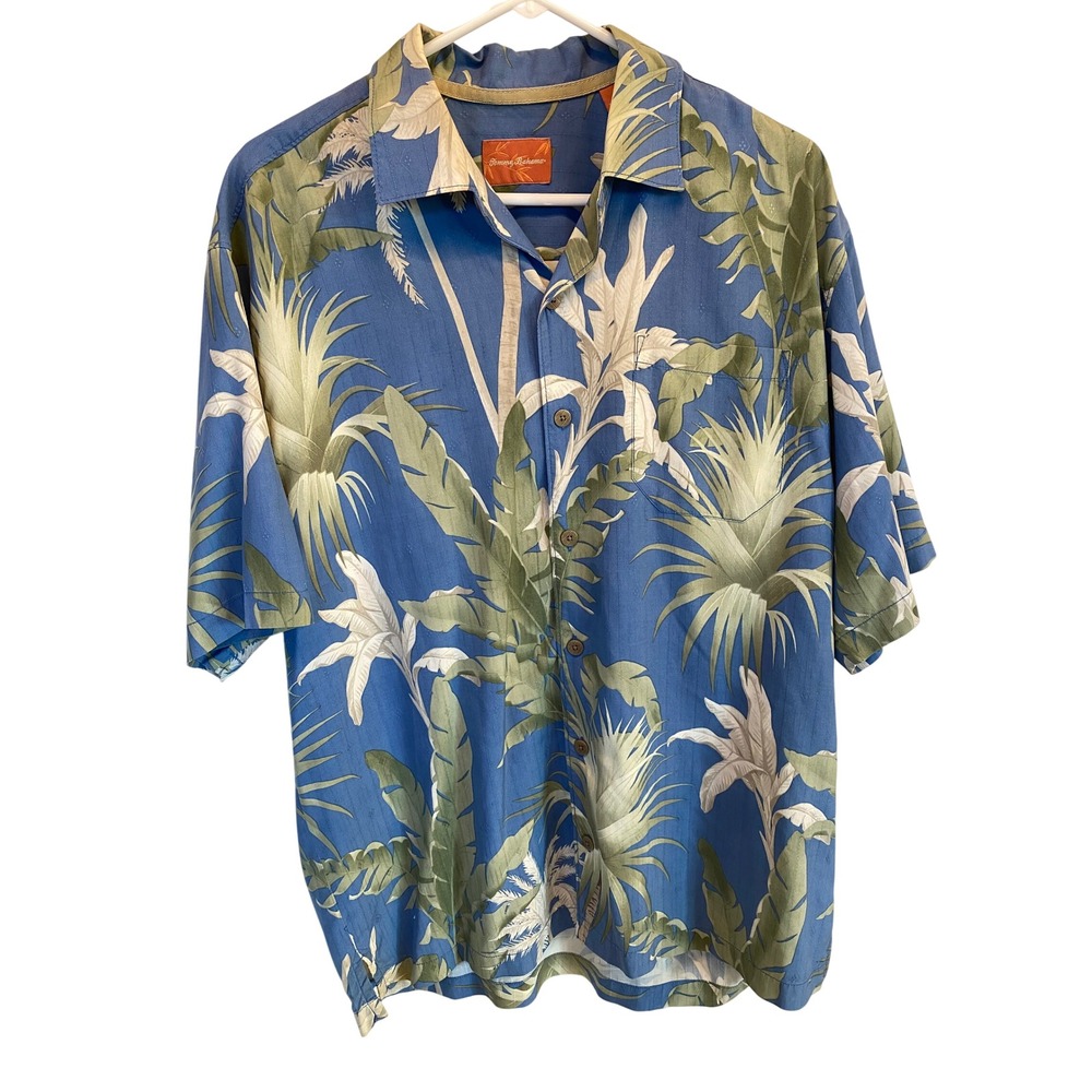 Tommy Bahama Mens Large Silk Hawaiian‎ Shirt Blue Tropical Palm Tree Print